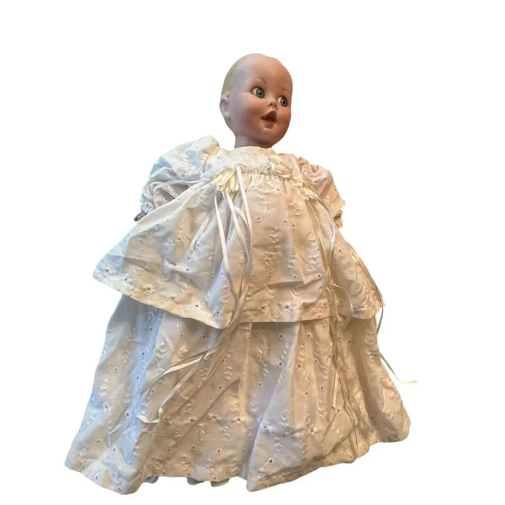 Vintage Baby Doll Christening Gown Bonnet Booties White Eyelet Dress Outfit